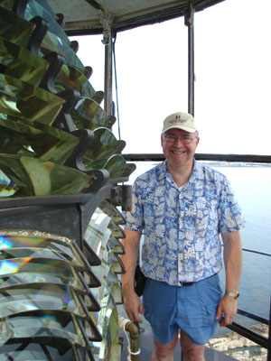 Photo of my husband at Boston Lighthouse with its 2nd order Fresnel lens